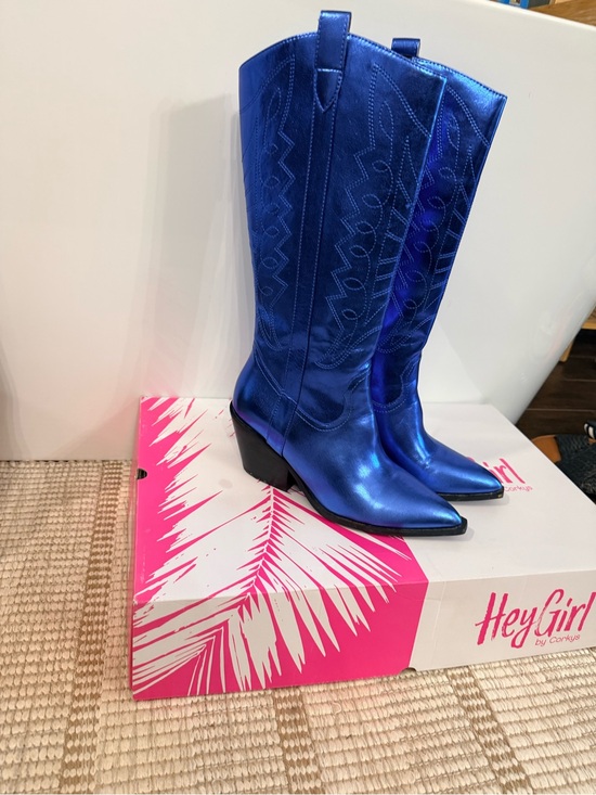 Hey Girl Shoes - Hey Girl Metallic Blue Western Knee-High Boots
